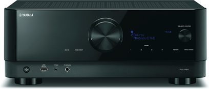 Чорний домашній кінотеатр Yamaha RX-V6A, вигляд спереду, синій дисплей "Blu-ray Atmos/DTS:X", кнопки та роз’єми