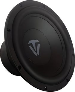 Tonewinner SW-D4000 sort subwoofer, close-up af den cirkulære membran med gråt logo i midten, set i trekvart profil
