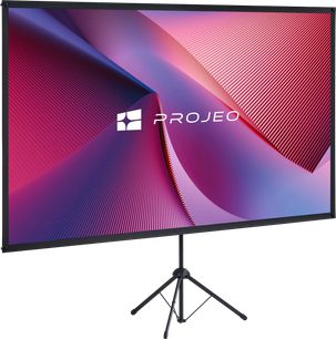 Schermo di proiezione su treppiede Projeo Cross HD 80, formato ampio con bordo nero e immagine colorata visualizzata