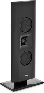 Kompakt Klipsch Gallery G-16 sort højttaler, set forfra, med to runde højttalere og Klipsch-logo på forsiden