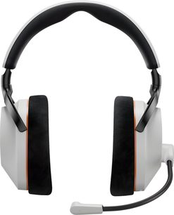 Grå Beyerdynamic MMX 230 gaming-headset med boom-mikrofon, svart hodebøyle og store svarte øreputer sett forfra