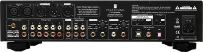 Parasound Halo P5 sort forstærker, front, forfra, stik og kontroller, 2 hovedtelefonstik