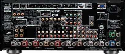 Onkyo TX-NR5009 sort hjemmebiografsforstærker, set forfra, med mange stik og knapper på forsiden, central displayskærm