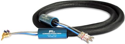 JPS Labs Reference Aluminata højttalerkabel, 2 x 2,4 m, blå RCA-stik, sort flettet kappe, på hvid baggrund