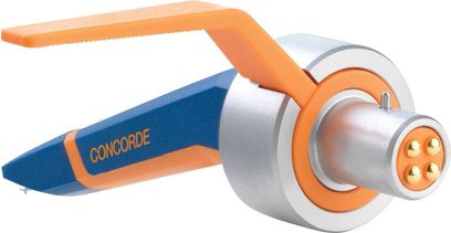 Cellula DJ Ortofon Concorde MKII blu e arancione, vista laterale, corpo in alluminio spazzolato, puntina sferica