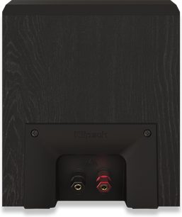 Klipsch RP-500SA II ebony 2022 siyah hoparlör, ön görünüm, kırmızı ve siyah bağlantı noktaları görünür