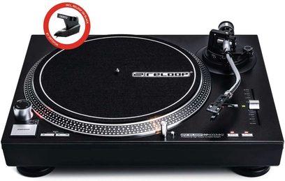 Černý gramofon Reloop RP 4000 MK2, pohled shora s raménkem, talířem, tlačítky a ovládacími posuvníky