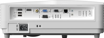 Optoma HD35UST hvid videoprojektor, set forfra, bagside med HDMI-, VGA-, lyd- og netværksporte