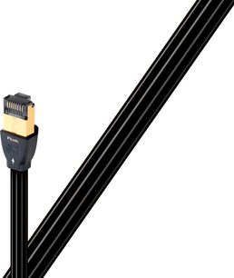 Μαύρο καλώδιο Ethernet RJ45 Audioquest Pearl 8 μέτρων με επίχρυσο συνδετήρα RJ45, εμφανίζεται σε κοντινό πλάνο από μπροστά