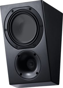Altavoz Dolby Atmos Canton AR 4 S2 negro, caja inclinada con gran woofer redondo y tweeter con bocina visto en tres cuartos