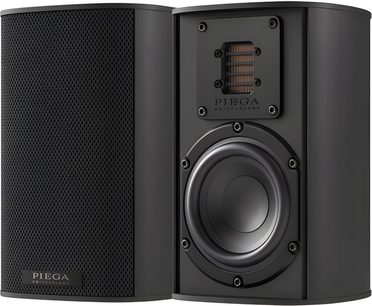 Black Piega Ace 30 bookshelf speakers, front view, circular woofer and ribbon tweeter behind metal grille
