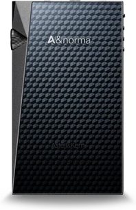 Přenosný audiofilní přehrávač Astell&Kern SR25 MKII, pohled zepředu, černý kryt s reliéfním geometrickým vzorem, displej a tlačítka