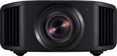Front view of the black JVC DLA-NZ9 video projector, with a retractable lens featuring a red lens surrounded by ventilation grilles