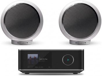 Elipson hi-fi-set met twee witte Planet M-luidsprekers en zwarte audiospeler met touchscreen