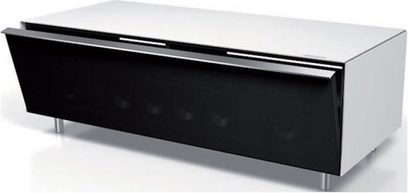 Spectral Scala SC1104 TV-møbel i højglans sort, 1 nedfældelig dør, 1 skuffe, kromfødder, set forfra