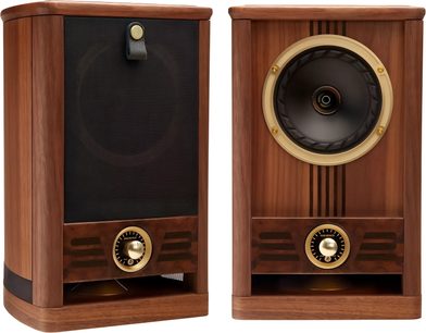 Diffusore da scaffale Fyne Audio Vintage Five con finitura in legno, griglia nera, altoparlante a vista e comando dorato