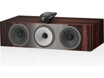 Diffusore centrale Bowers & Wilkins HTM71 S3 Signature in legno scuro lucido, con 3 altoparlanti rotondi e 1 tweeter nero sulla parte superiore