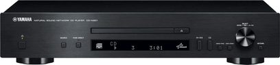 Yamaha CD-N301 sort CD-afspiller, set forfra, blåt digitalt display, sølvfarvede knapper og kontrolhjul
