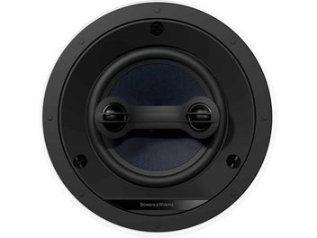 Indbygget Bowers & Wilkins CCM664SR højttaler i sort, set forfra, med blå perforeret metalrist, to højttalere