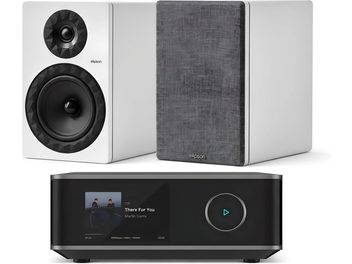 Catena hi-fi con amplificatore di rete nero con schermo e coppia di diffusori da scaffale Elipson bianchi con griglia grigia
