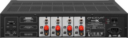 5-kanals effektforstærker Emotiva BasX A-5, sort frontpanel med 4 røde knapper, 4 hovedtelefonstik og frontpaneltilslutninger