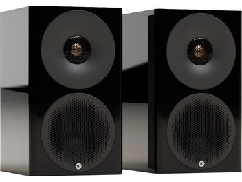 Paire d’enceintes hi-fi compactes Monitor Audio Radius 3 noir laqué, vue de face avec tweeter et grille ronde