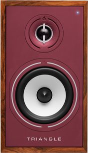 Slimme luidspreker Triangle BR02 Connect bordeaux, houten frame, vooraanzicht, tweeter, witte woofer, blauwe LED