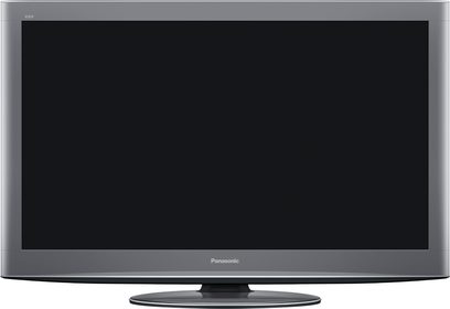 Panasonic TX-P42V20E fladskærms-tv, sort slukket skærm, mørkegrå ramme, rektangulær grå base, set forfra