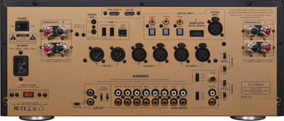 Amplificador hi-fi estéreo Advance Paris A12 classic preto, vista frontal, frente com botões, tomadas e luzes indicadoras