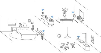Esquema técnico en blanco y negro de un sistema de audio con altavoces, componentes electrónicos y cableado, vista desde arriba
