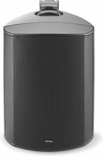 Sort cylindrisk Focal 100 OD6 udendørs højttaler, metalgitter, mørkegrå base, 30 cm høj