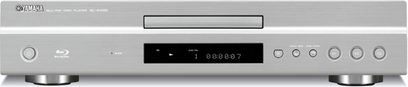 Yamaha BD-S1065 sølvfarvet 4K Blu-ray-afspiller, frontvisning, blå digital skærm i midten