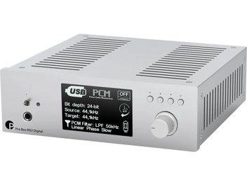 Pro-Ject Pre Box RS2 Digital stereoeelvõimendi hõbedane, musta ekraaniga esipaneel, ümmargused nupud ja suur pöördnupp