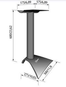 Vogel's VLS 60 sort metalstøtte til højttalere i sort, set forfra med dimensioner i millimeter, rektangulær base og cylindrisk søjle