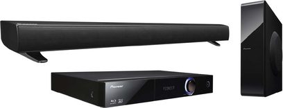 Pioneer BCS-SB626 sort soundbar i sort med subwoofer, metalgitre, på hvid baggrund, set forfra