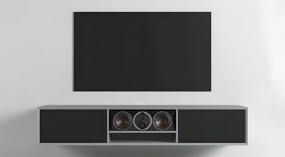AV nábytek Clic Classic Series Model 242, velký, šedý, černé textilní panely, čelní pohled, 3 reproduktory a výklenek
