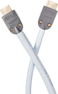 To metalgrå HDMI-stik fra Supra med forgyldte kontakter, forbundet med et 12 meter langt hvidt kabel