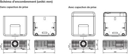 Diagrama de dimensiones con y sin la tapa del conector del proyector de video Mitsubishi WD8200U, vistas frontal y lateral