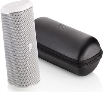 Draagbare JBL Flip 2 luidspreker, wit, cilindrisch, metalen rooster, zwarte basis, vooraanzicht en zijaanzicht