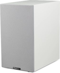 Paradigm Premier 120B v2 boekenplankluidspreker satijnwit, driekwartaanzicht met wit frontrooster