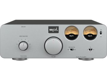 Preamplificatore stereo SPL Elector argento con pannello frontale argentato, 2 VU meter circolari, 1 manopola del volume centrale, 1 selettore d'ingresso rotativo, 2 interruttori a levetta e 1 interruttore a levetta laterale