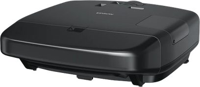 Epson EH-TW9100 sort videoprojektor, set oppefra, afrundet rektangulær form, mat sort overflade, sølvfarvet Epson-logo