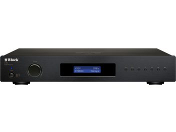 Tuner DAB+/FM Block R-250+ zwart, geborsteld metalen behuizing, vooraanzicht met grote afstemknop links, centraal blauw display en een rij kleine knoppen rechts