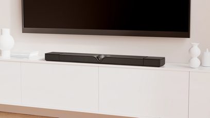 Саундбар DEVIALET DIONE черен на бял мебел, преден изглед, центриран в изображението