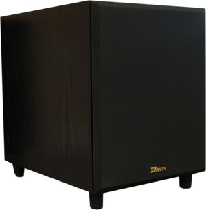 Davis Acoustics Basson 77 sort baskabin, kubisk form, mørk træfinish, gylden logo på forsiden