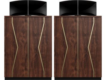 Pair of Klipsch Klipschorn KH 80th Anniversary Edition floorstanding speakers, dark wood finish and black horns