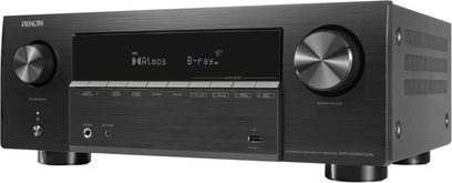 Amplituner kina domowego Denon AVR-X2900HDAB czarny, widok z przodu, duży centralny ekran i dwa szerokie srebrne pokrętła