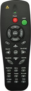 Sort Optoma fjernbetjening med Power-, Laser-, Enter-, Source-, Re-SYNC-, Keystone-, Volume-, Brightness-, Menu-, Freeze-, HDMI-, VGA- og Zoom-knapper