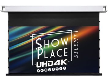 Projekcijsko platno Lumene Show Place Silent UHD 4K Acoustic, črna tkanina z večbarvnim motivom in belim ohišjem