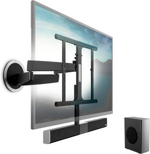 Vægmonteret TV-beslag Vogel's NEXT 8365 i sort metal, drejeligt armsystem, til fladskærm, forfra set på hvid og grå baggrund